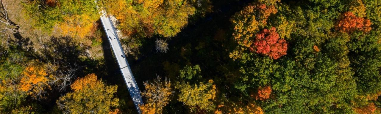 Aerial shot of campus with fall trees and student crossing a bridge